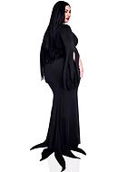 Morticia fra Familien Addams, kostyme-kjole, høy spalte, belte, slitte ermer, plus size